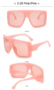 Oversized pink shield sunglasses detail view, showing front, side and back angles clearly.