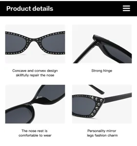 Detailansicht schwarzer Strass-Katzenaugen-Sonnenbrille mit starkem Scharnier und Nasenauflage.