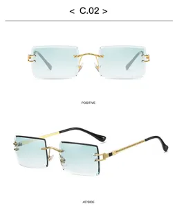 Detailansicht Damen-Sonnenbrille rahmenlos mit blauem Farbverlauf und goldenen Bügeln.