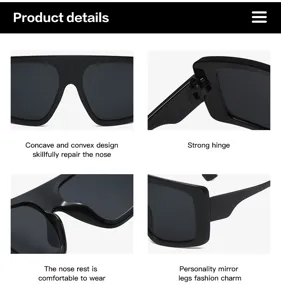 Oversized black sunglasses with strong hinge, comfortable nose rest and stylish mirror legs.