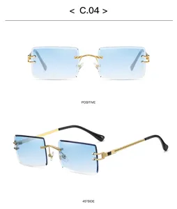 Elegante blaue rahmenlose Damen Sonnenbrille im quadratischen Stil mit goldenen Bügeln.