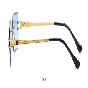 Luxuriöse facettierte quadratische Randlose Sonnenbrille Damen Gold Bügel blaue Gläser