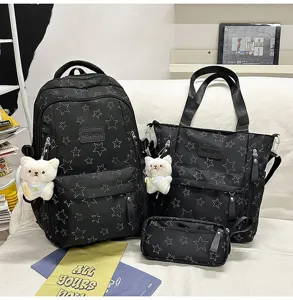 Black star print student school backpack 3-piece set detail, large capacity casual bag.