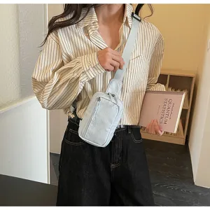Korean style grid chest bag detail, light blue fashion travel crossbody bag for women.