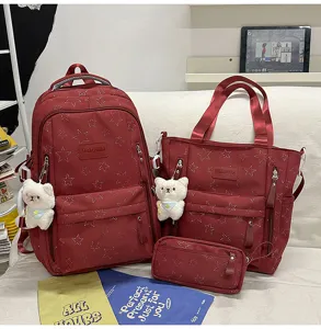 Large capacity red star print school backpack three piece set with cute bear pendant for girls.