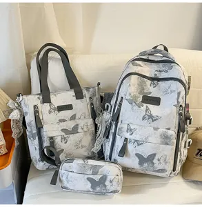 Graues Schmetterlingsdruck Schulrucksack Dreiteiliges Set große Kapazität Mode Studententasche