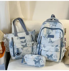 Blaues Schmetterling Druck 3-teiliges Schulrucksack Set mit Tasche und Federmäppchen.
