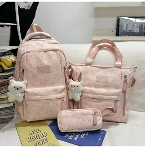 Pink star print 3-piece school backpack set for women, large capacity casual daily bag.