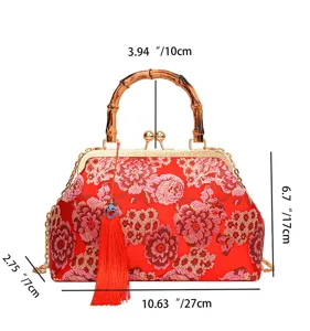 Chinesische Vintage Blumenstickerei Abendtasche mit Bambusgriff und Kette für Damen