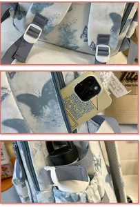 Rucksack Detailansicht mit verstellbarem Gurt, Handytasche und seitlichem Flaschenhalter.