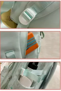 Mint green backpack detail shot showing adjustable strap buckle and side water bottle pocket.