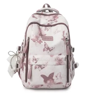 Rosa Schmetterling Druck Schulrucksack Detail, große Schultasche mit süßem Schleifen Anhänger