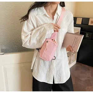 Korean style pink plaid chest bag for women, casual sports crossbody shoulder bag for travel.