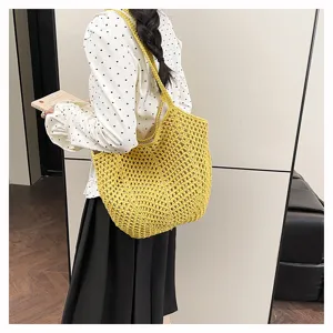 Damen gehakelte Strick Strandtasche lässige Schultertasche modische Sommer Shopper Tasche