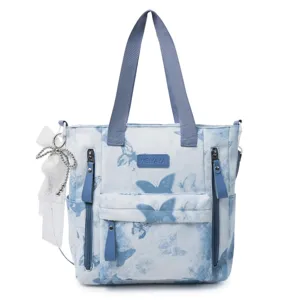 Blauer Schmetterling Druck Segeltuch Tote Tasche mit doppelten Griffen und Reißverschlusstaschen.