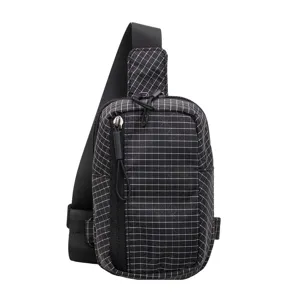 Black grid pattern sling bag detail, casual sports chest bag zipper view, practical design.