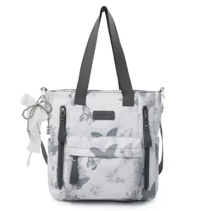 Graue Schmetterling Print Große Kapazität Tote Tasche mit vielen Reißverschlusstaschen und Anhänger.