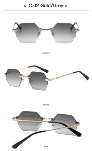 Detail view of vintage octagonal rimless sunglasses, gradient grey lenses and metal frame.