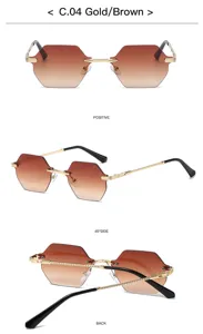 Retro polygon rimless sunglasses for women and men, gradient brown ocean lenses with gold metal.