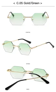 Vintage polygon frameless sunglasses with gradient green lenses and gold metal frame for women.