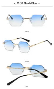 European retro rimless sunglasses with gradient blue ocean lenses and stylish gold metal frames.
