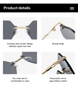 Rimless metal sunglasses detail view showing high quality gold temples and nose bridge design.
