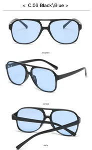 Vue détaillée de lunettes de soleil rétro à double pont avec monture noire et verres bleus.