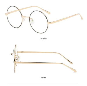 Gafas redondas de metal estilo retro clásico con acabado dorado fino, montura óptica ligera y elegante.