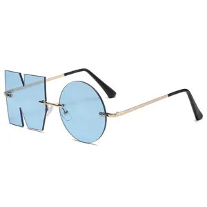 Neuheit NO Buchstaben formen rahmenlose Sonnenbrille hellblaue Gläser goldener Metallrahmen