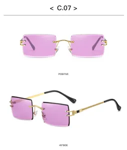 Elegante Damen rahmenlose Sonnenbrille mit lila Kristallschnittgläsern und goldenen Bügeln.