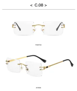 Luxus rahmenlose Brille mit goldenen Seil-Buegeln und kristallgeschnittenen quadratischen Glaesern.