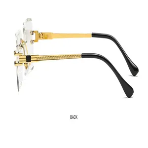 Damen rahmenlose Kristall Schliff quadratische Sonnenbrille goldene Seil Bügel Luxus