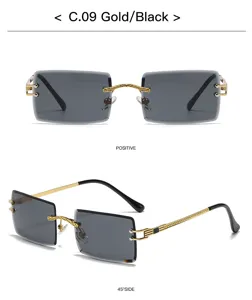 Luxus rahmenlose Sonnenbrille mit Kristallschnitt quadratischen Gläsern und goldenen Bügeln.