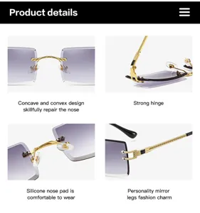 Luxus Damen Sonnenbrille rahmenlos mit Kristallschnitt quadratischen Gläsern und Goldkordel Bügel.