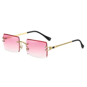 Vintage Randlose Eckige Sonnenbrille Für Damen Metall Kordelmuster Bügel Farbverlauf Kristallschliff Linsen Modische Brille