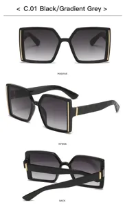 Gafas de sol oversize negras con lentes grises degradadas, detalles en varios ángulos.