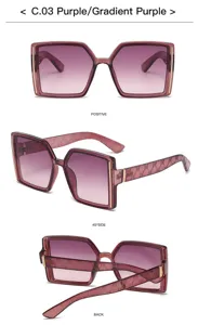 Gafas de sol de moda degradadas moradas grandes con patillas elegantes y detalles.