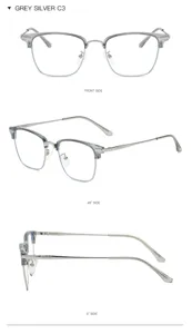 Grausilberne Halbrand-Blaulichtschutzbrille mit quadratischem Gestell und klaren Bügeln.