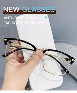 Occhiali da vista semi-montatura anti-luce blu eleganti in metallo nero e oro per uso quotidiano.
