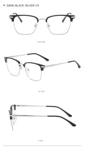Detailansicht stilvoller Halbrand-Blaulichtfilter-Brille mit quadratischem Metallrahmen und Gläsern.