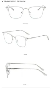 Detailansicht der transparenten silbernen Halbmetall-Blaulichtbrille mit feinem Rahmen.