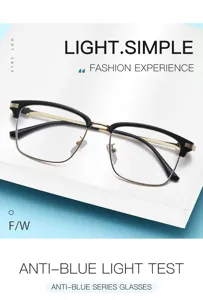 Occhiali anti luce blu da uomo con design mezza montatura, look nero e oro.