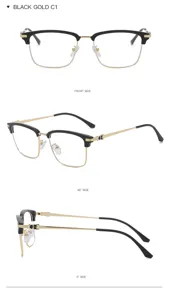 Elegante montatura per occhiali da uomo semicerchiata anti luce blu nero e oro.
