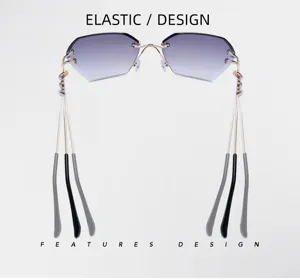 Rimless gradient sunglasses detail view with diamond cut edges and multi elastic temples.