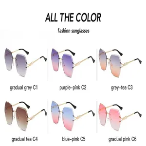 Rimless diamond cut sunglasses detail view showing multiple color options and styles.