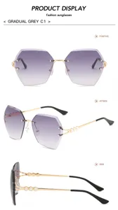 Women rimless diamond cut gradient grey sunglasses with elegant pearl metal temples UV protection.