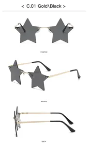 Detailed multi-angle view of unique star-shaped rimless sunglasses with gold frames.