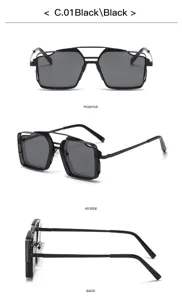 Vue détaillée de lunettes de soleil carrées noires en métal ajouré au style rétro steampunk.