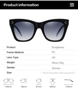 Mujer elegante gafas de sol ojo de gato negro montura grande lentes degradadas verano