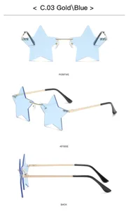 Detail view of stylish frameless star sunglasses featuring gold metal temples and blue lenses.